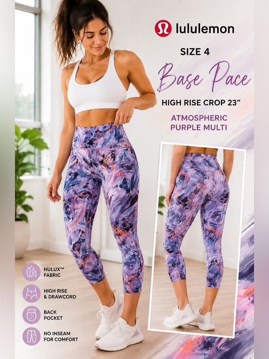 lululemon athletica Pants - Lululemon Base Pace High Rise Crop 23” Atmospheric Purple Multi Size 4